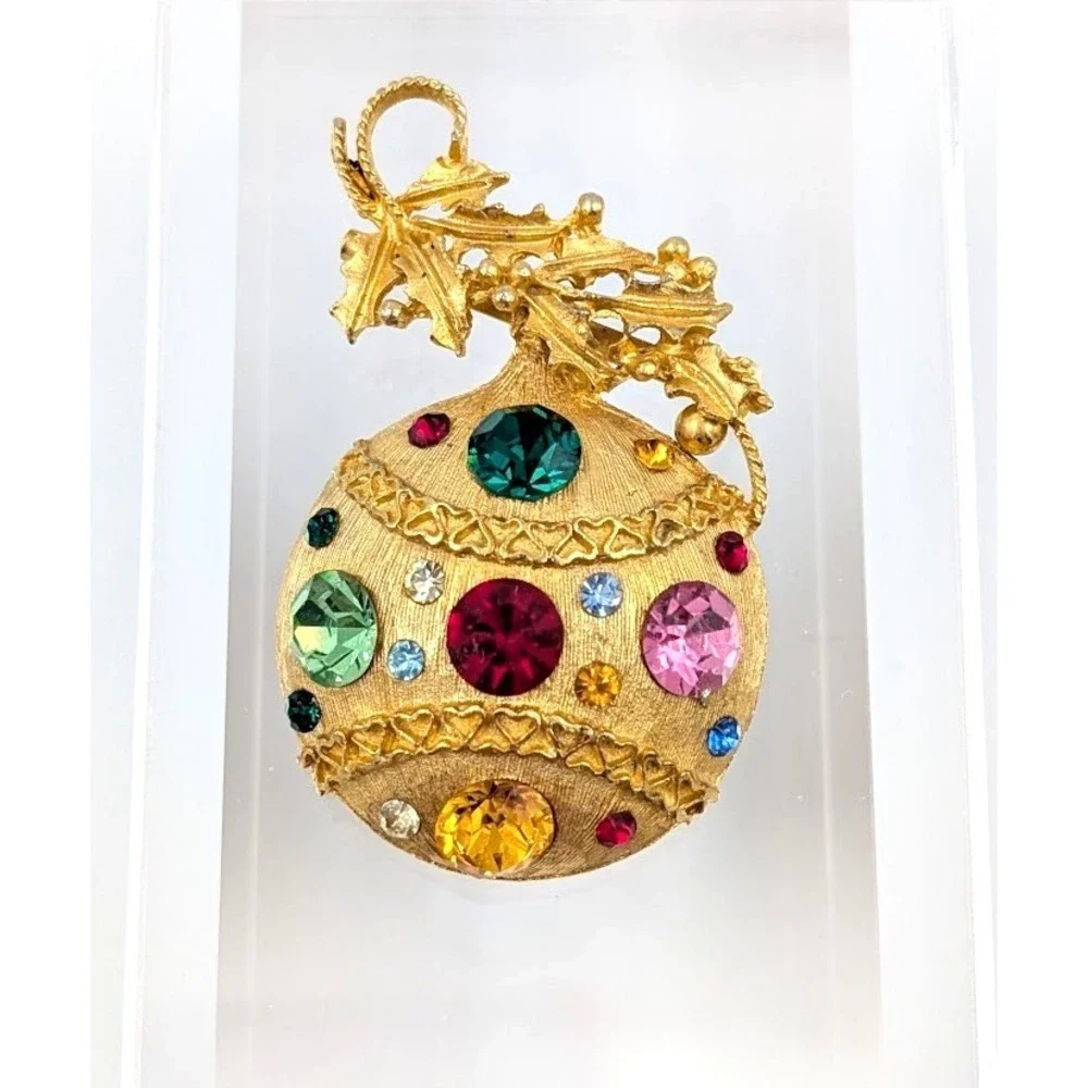 Vintage Gold Tone Ornament Brooch Rhinestone Christmas‎ Ball Statement Piece
